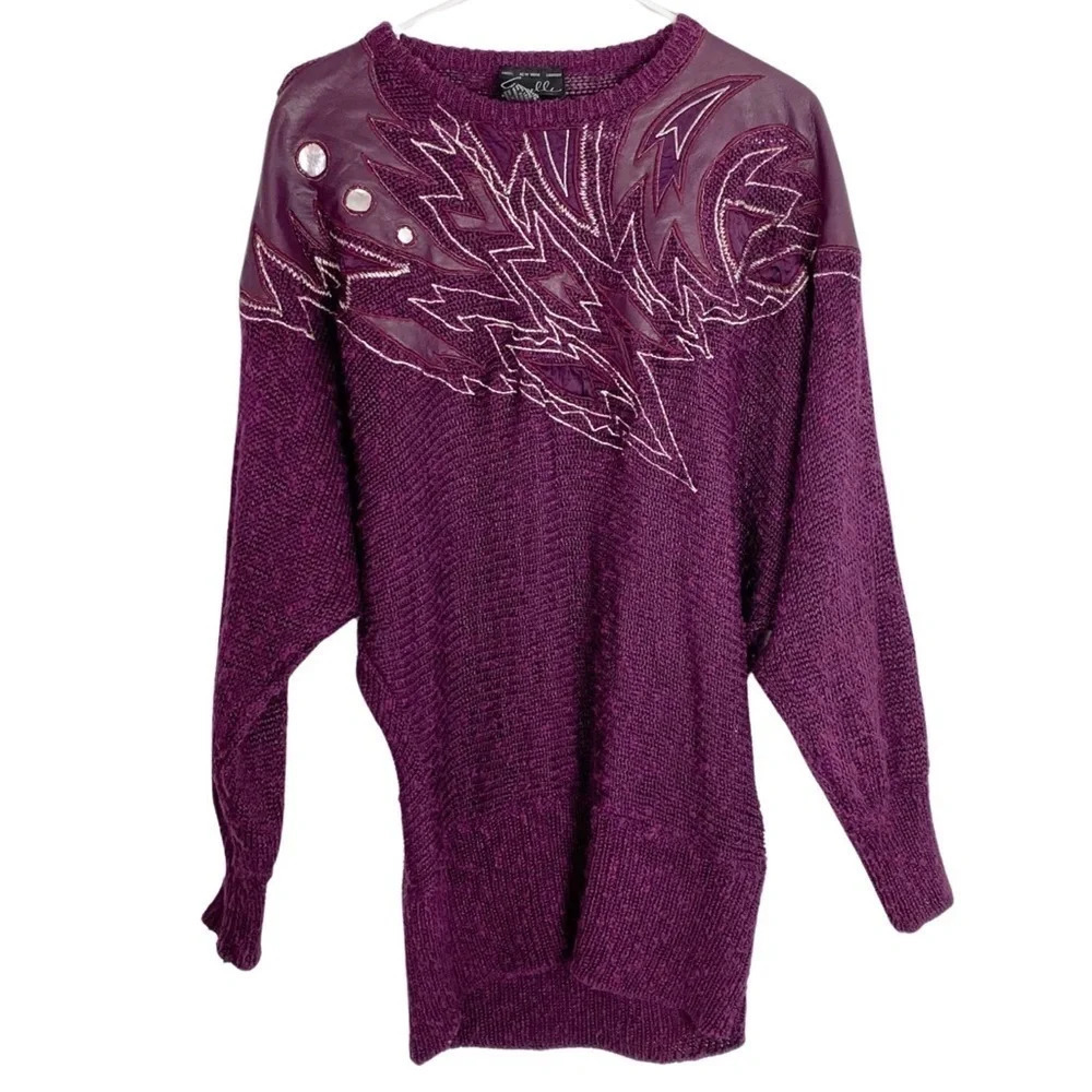 Vintage 80s 90s Retro Momcore Sweater Womens Medium Purple Leatger Embroidered